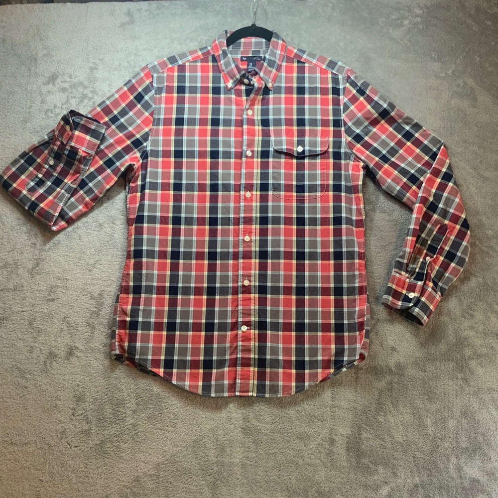 Gap Mens Slim Fit Plaid Button Down Shirt Red Navy Grey Medium Long Sleeve